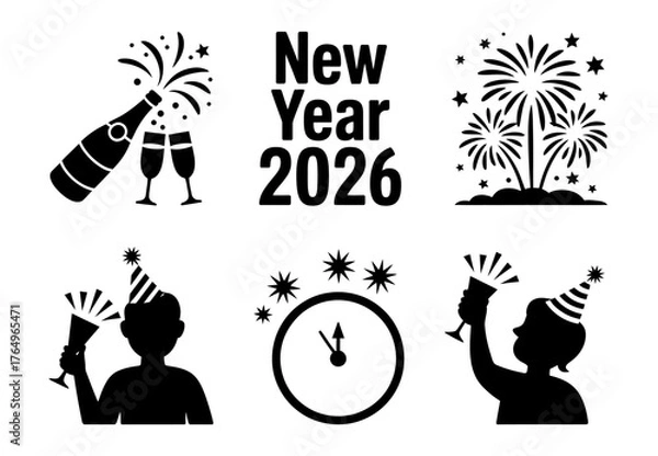 Obraz New Year 2026 Icon Set. Black Celebration Silhouette featuring Fireworks, Toast and Party Hats
