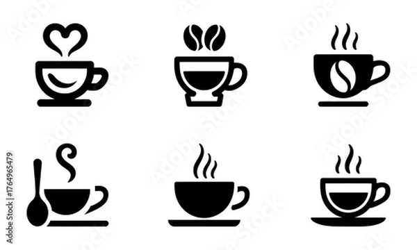 Obraz Coffee Cup Icon Set in Black Silhouette Style. Beans, Steam, Spoon and Saucer