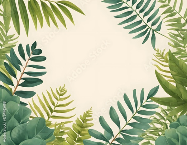 Obraz A lush, watercolor-style illustration of assorted green tropical leaves and ferns creating a decorative frame around a light, blank central space.