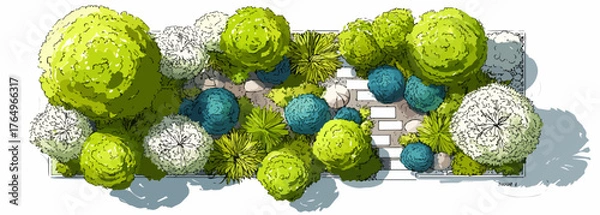 Fototapeta Ilustração vetorial de um jardim com árvores e arbustos coloridos, criando uma cena vibrante e artística com um estilo único.