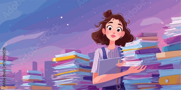 Fototapeta Ilustração de uma jovem mulher cercada por pilhas de documentos e papéis, com um céu roxo de fundo, em estilo de desenho animado.