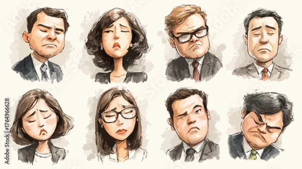 Fototapeta Conjunto de ilustrações em vetor de rostos de pessoas com expressões de tristeza e decepção em aquarela para projetos.