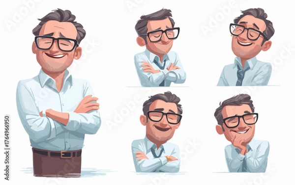Fototapeta Coleção de expressões faciais e corporais de um homem de negócios sorridente com óculos.