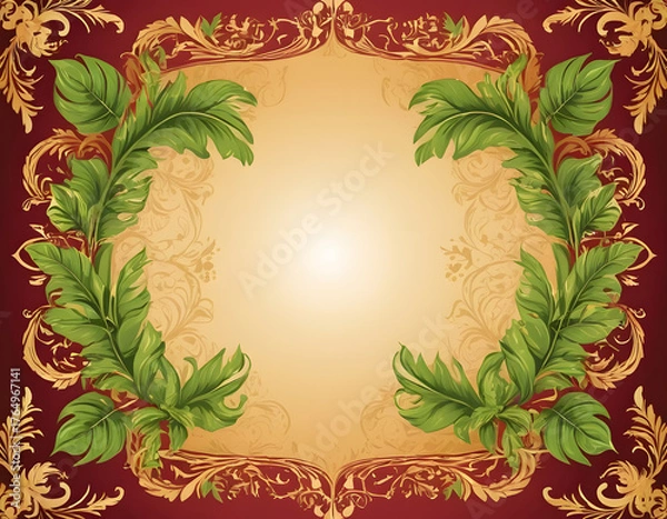 Obraz An opulent frame design featuring lush green tropical leaves layered over a rich, dark red and gold baroque border, surrounding a luminous central space.