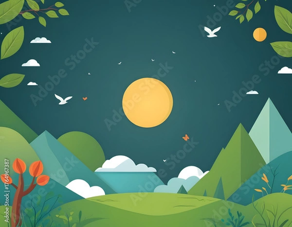 Obraz A stylized, nocturnal landscape illustration featuring geometric mountains and hills, a large yellow full moon, flying white birds, and overhanging leaves against a dark teal sky.
