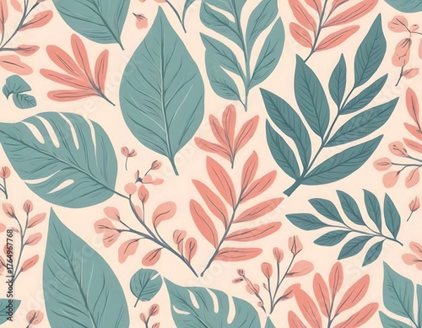 Obraz A contemporary, seamless pattern of stylized tropical leaves and branches in muted teal and dusty rose pink set against a pale cream background.