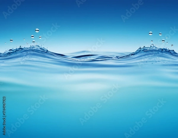 Obraz A dynamic image showing a clean, clear blue body of water with a distinct waterline, small waves, and droplets splashing against a bright blue sky or background.