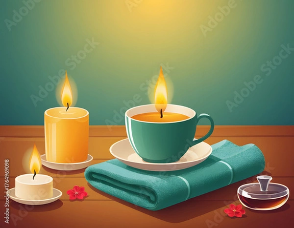 Obraz A warm illustration of a spa or wellness setup featuring three lit candles, a teal teacup sitting on a folded towel, and a small jar on a wooden surface.