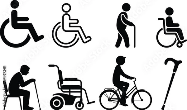 Fototapeta Collection of mobility aid icons representing people with disabilities and seniors