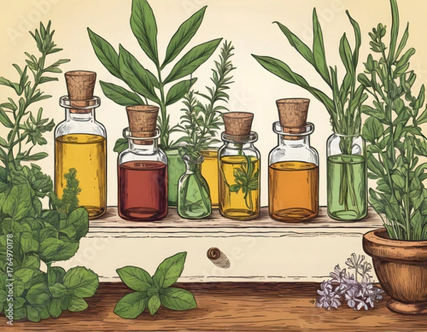 Obraz A detailed, hand-drawn illustration of essential oil bottles and fresh herbs arranged on a wooden surface, suggesting natural wellness or aromatherapy.