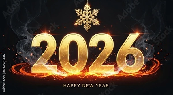 Fototapeta Happy new year 2026 with fiery numbers and snowflake no logo use
