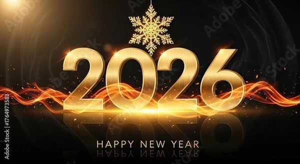Fototapeta Golden 2026 text with snowflake and fire effect, happy new year no logo use