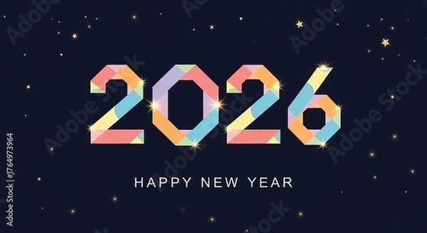 Fototapeta Happy new year 2026 text with colorful geometric shapes and sparkles no logo use