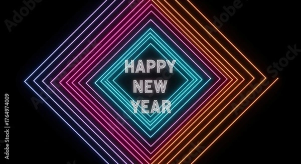 Fototapeta Happy new year text inside a neon geometric diamond shape on black no logo use