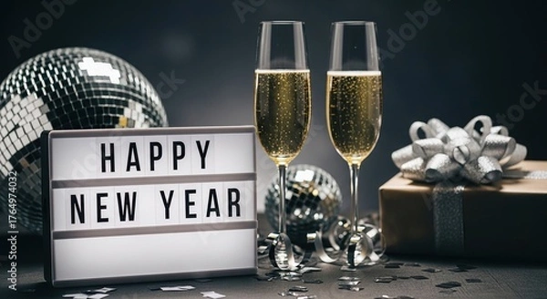 Fototapeta Happy new year celebration with champagne and disco ball no logo use