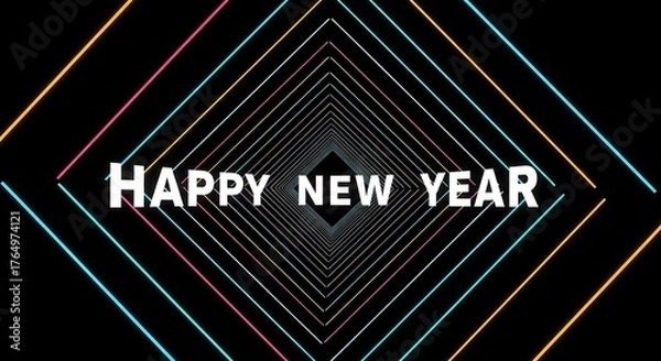 Fototapeta Happy new year text with colorful geometric tunnel background no logo use