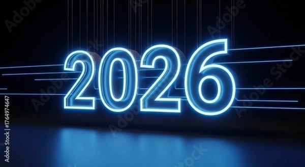 Fototapeta Futuristic glowing neon number 2026 on dark background no logo use