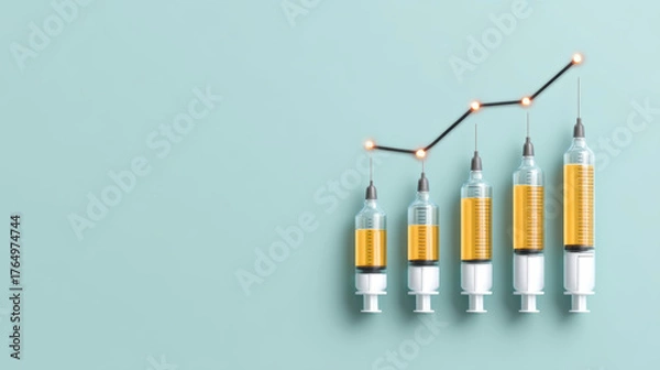 Fototapeta Syringe chart showing medical trends with rising data points symbolizing vaccine growth and healthcare progress on pastel background