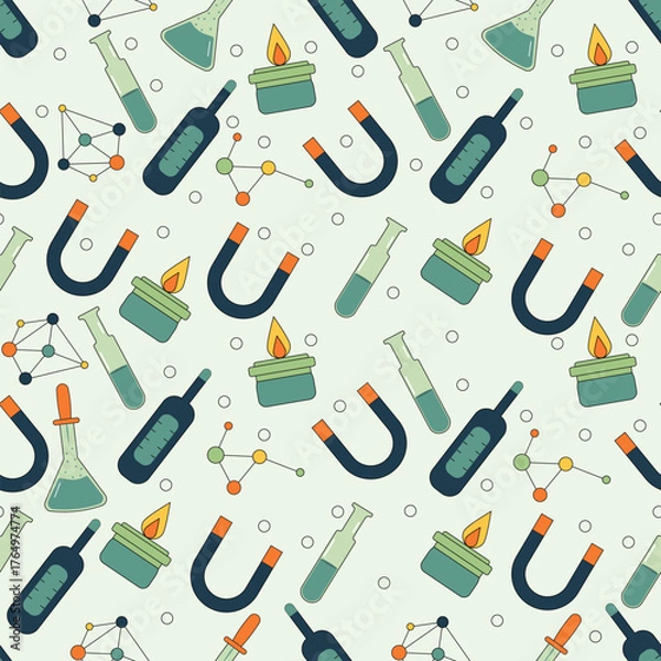 Fototapeta Creative seamless science lab pattern featuring magnets flasks burners and molecules perfect for education backgrounds chemistry projects and laboratory themed design illustrations