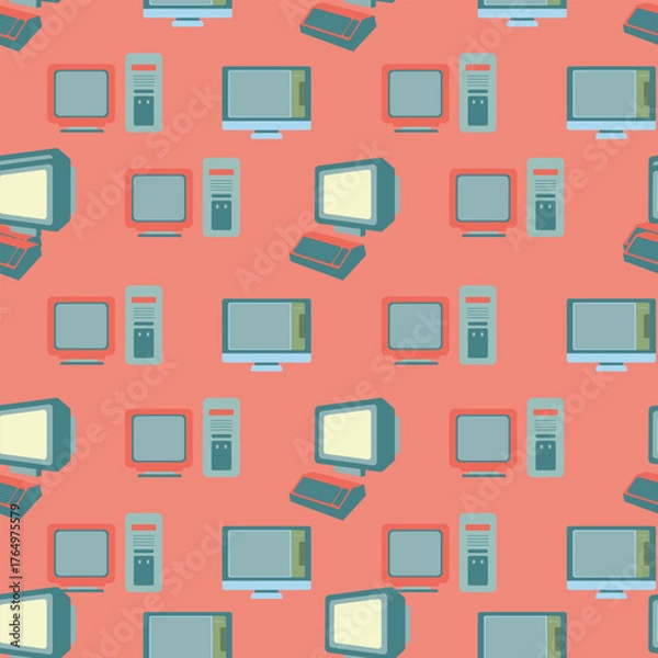 Fototapeta Seamless retro computer pattern featuring old desktops monitors and keyboards in vintage colors perfect for technology backgrounds nostalgic designs and digital themed creative projects