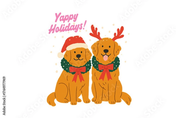 Fototapeta Yappy Holidays, Two Cute Golden Retrievers with Christmas Greeting Sublimation Design