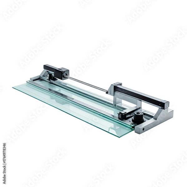 Obraz Metallic paper cutter with glass base and black details, isolated on black