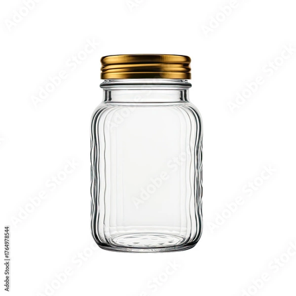 Obraz Clear glass jar with ribbed sides and a metallic gold lid, isolated on black