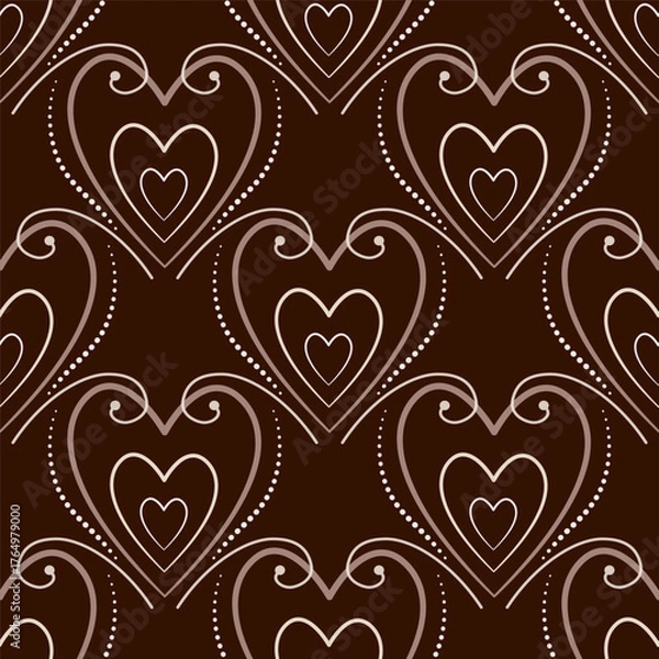 Obraz A sweet, understated background. A warm, seamless pattern of hearts and swirls. Delicate beige hearts on chocolate background. Romantic, delicate holiday decor.