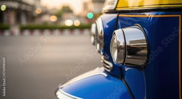Fototapeta Tuk tuk driving through city streets bangkok vehicle close-up urban dynamic