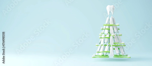 Obraz Dental christmas tree made from toothpaste tubes and toothbrushes on soft blue background, minimal and festive image for dentist clinic and oral care modern festive mood, winter holiday spirit