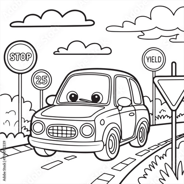 Fototapeta Coloring book kdp vector art of cute cartoon car with a smiling face driving on a road with stop and yield signs, black and white line art for coloring, perfect for childrens educational content