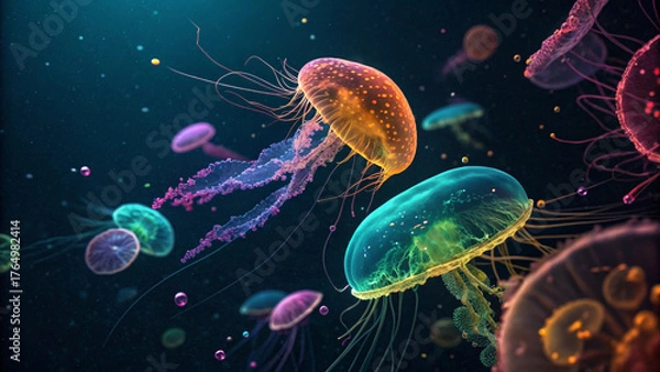 Fototapeta Bioluminescent Jellyfish and DNA Strands Abstract Art