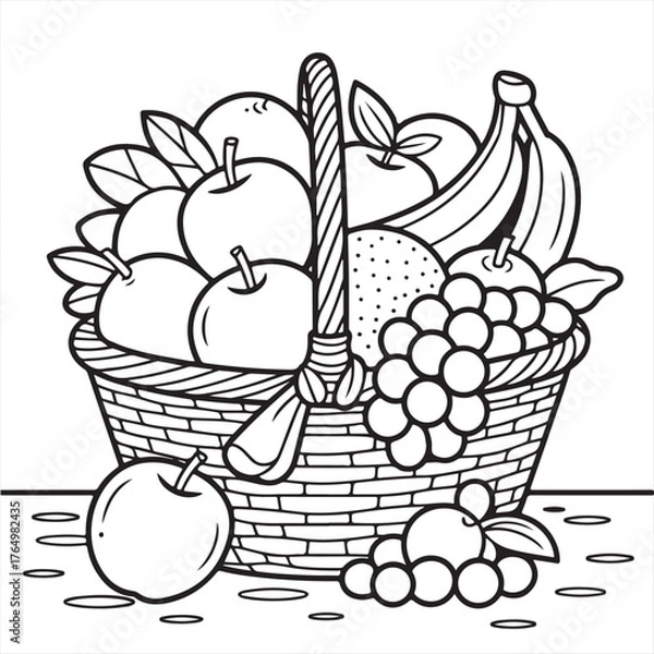 Fototapeta Coloring book kdp vector art of abundant basket filled with various fresh fruits like apples, bananas, grapes, and oranges, presented in a charming black and white line drawing style for coloring