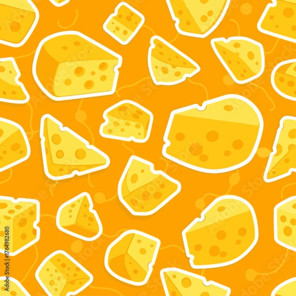 Fototapeta A vibrant and seamless pattern of cartoon-style Swiss cheese wedges and blocks on a bright orange background for culinary design