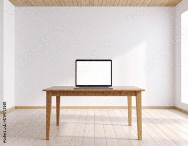 Obraz シンプルな部屋に机とノートパソコンがあるイメージ。カラーハーフトーン。