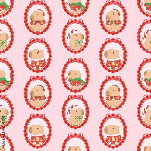 Obraz Cute Christmas Capybara  Holiday Pattern.Coquette pattern