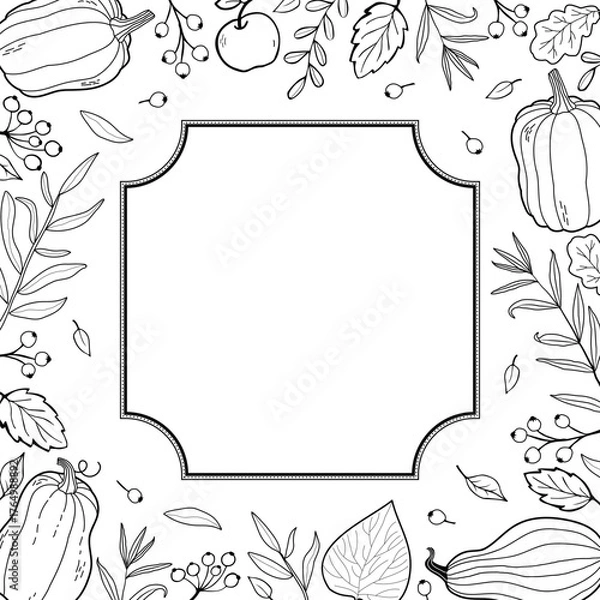 Obraz Autumn square frame. Autumn time postcard template. Fall foliage frame in doodle style. Autumn elements - leaves, acorns, twigs, berries. Cartoon illustration, decor frame.