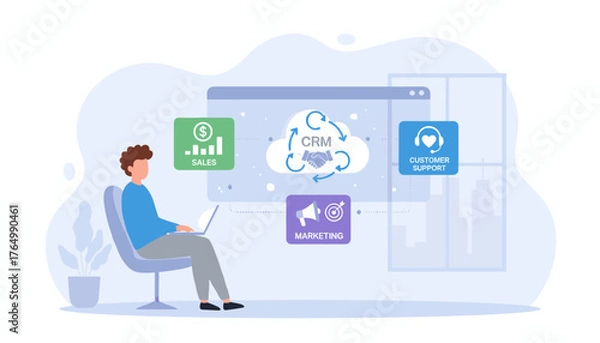 Fototapeta Modern flat illustration of a person using a laptop to manage customer relationships through CRM software, integrating sales, marketing, and customer support functions in a cloud-based system for