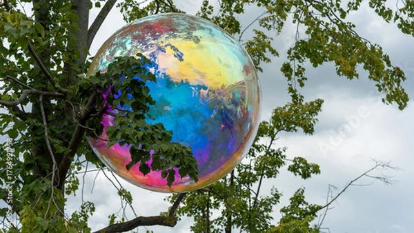 Fototapeta Beautiful multicolored transparent sphere caught in branches of a tree, surreal scene with rainbow reflections in natural environment