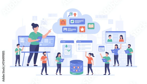 Fototapeta Diverse team of professionals collaborating on a cloud-based HR management system, showcasing data analysis, task management, and employee profiles for efficient human resource operations and