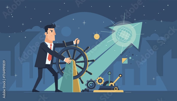 Fototapeta Business leader steering a ship's wheel, guiding a glowing arrow with a globe towards future success, symbolizing leadership, vision, and company direction in a stylized cityscape at night.