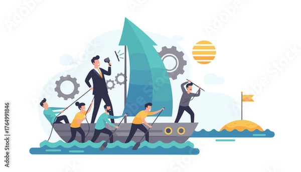 Fototapeta Dynamic illustration of a business team rowing a boat towards a goal, led by a confident figure with a megaphone, symbolizing leadership, teamwork, and achieving success in a corporate environment