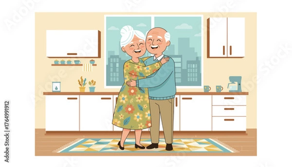 Fototapeta Joyful elderly couple embracing and smiling warmly in a cozy, modern kitchen, with a cityscape visible through the window, symbolizing love, companionship, and happy retirement life.