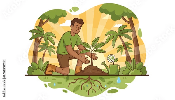 Fototapeta Man kneeling and planting a young tropical tree in fertile soil, surrounded by lush greenery and palm trees, with a watering can and the Earth symbol indicating environmental care, under a bright