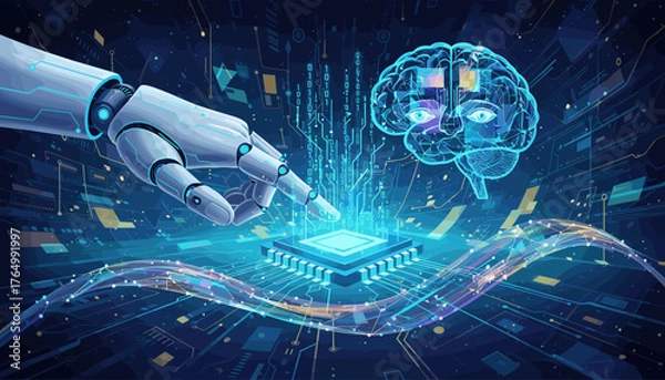 Fototapeta Futuristic robotic hand interacting with a glowing central processing unit, symbolizing artificial intelligence and machine learning, with a digital brain and binary code in the background