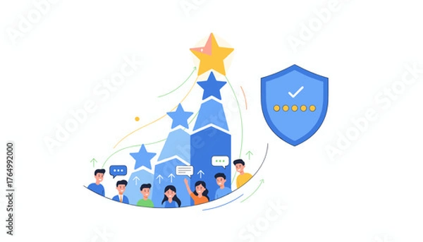 Fototapeta Conceptual illustration of business performance evaluation and security, featuring a team of diverse professionals celebrating success with stars and a shield icon symbolizing data protection and