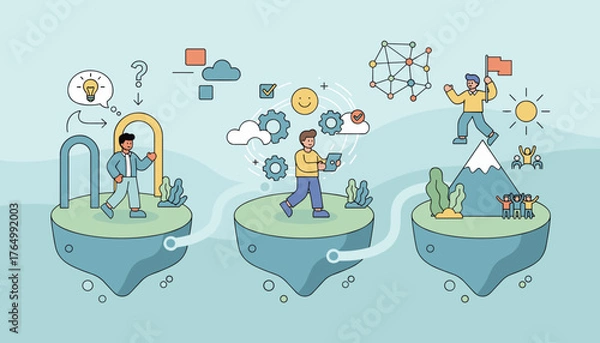 Fototapeta Modern flat vector illustration depicting a business onboarding concept with three distinct stages: initial idea and entry through a portal, development and processing with gears and technology, and