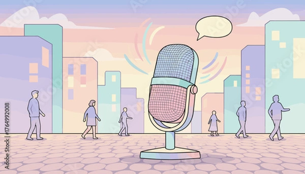 Fototapeta A stylized, pastel-colored microphone stands prominently on an urban sidewalk, emitting colorful sound waves, with simplified city buildings and a soft sky in the background, and silhouetted figures