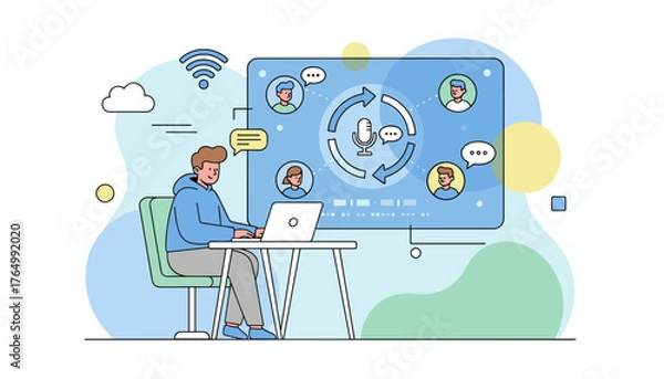 Fototapeta Vivid illustration of an online webinar concept, featuring a person using a laptop for e-learning and web conferencing, with a central screen displaying a microphone icon surrounded by avatars and
