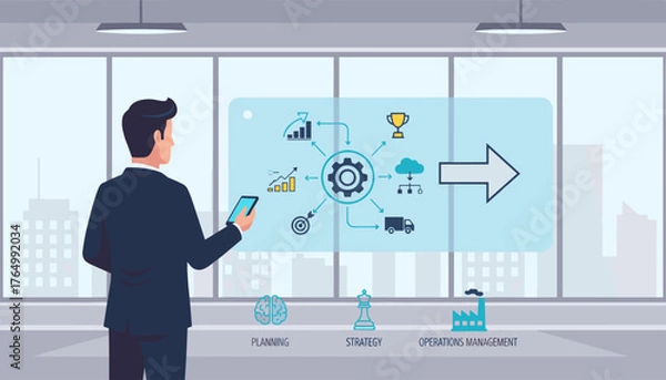 Fototapeta Business success concept with a businessman in a suit analyzing a digital flowchart on a tablet, showcasing planning, strategy, operations management, and growth metrics against a city skyline